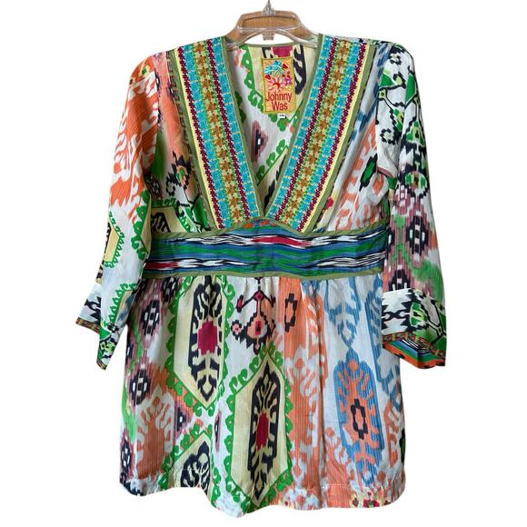 Johnny Was Silk Tunic Top SZ XS Multicolor Embroidered Tribal Bohemian Artsy